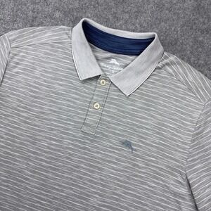 Tommy Bahama Shirt Mens Large Gray Striped Short Sleeve Polo Cotton Casual Golf